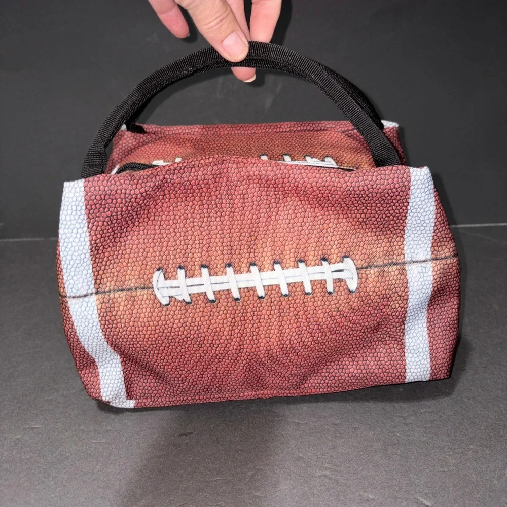 Football Print Insulated Lunch Bag Brown Sports Tailgate Cooler Zippered Case